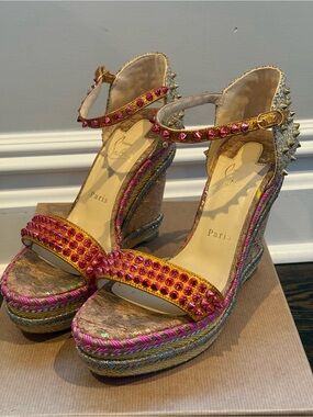 Christian Louboutin Pink & Gold Crystal-Studded Espadrille Wedges